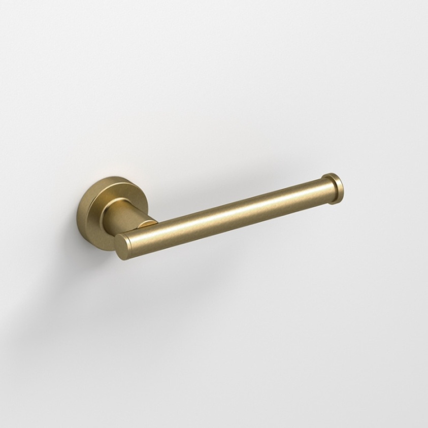 Close up product image of the Origins Living Tecno Project Brushed Brass Spare Toilet Roll Holder